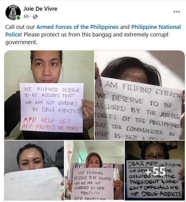 Screenshot of a Duterte propagandist on Facebook and photos of other Duterte supporters publicly encouraging the AFP to withdraw their support from President Marcos Jr.