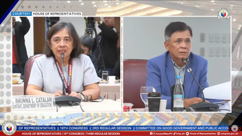 DepEd chief accountant Rhunna Catalan (left) is interpellated by Rep. Stephen Paduano from the Abang Lingkod party-list. (Screenshot: House of Representatives livestream)