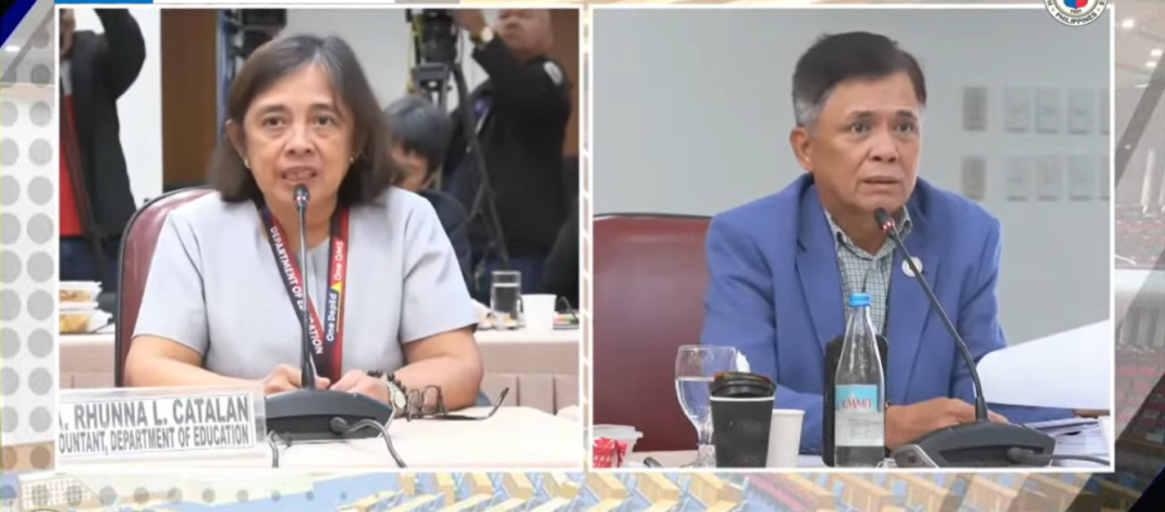 DepEd chief accountant Rhunna Catalan (left) is interpellated by Rep. Stephen Paduano from the Abang Lingkod party-list. (Screenshot: House of Representatives livestream)