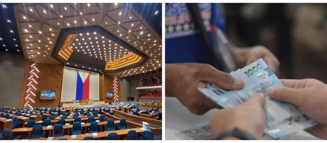 Banner collage photo of the House of Representatives of the Philippines and a stock image of a person receiving cash assistance from the government.