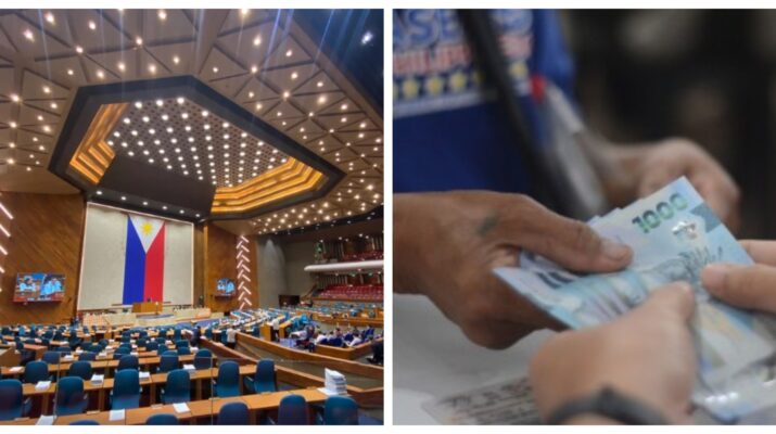 Banner collage photo of the House of Representatives of the Philippines and a stock image of a person receiving cash assistance from the government.