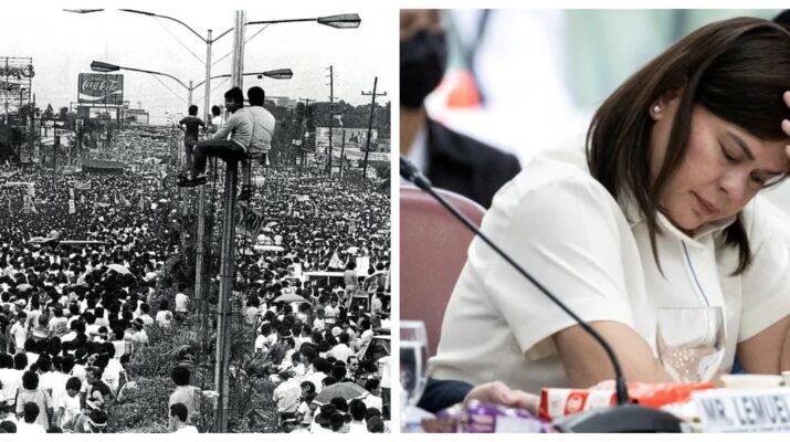 Banner collage photo of the 1986 People Power Revolution in EDSA and Vice President Sara Duterte facing the House of Representatives Quad-Committee