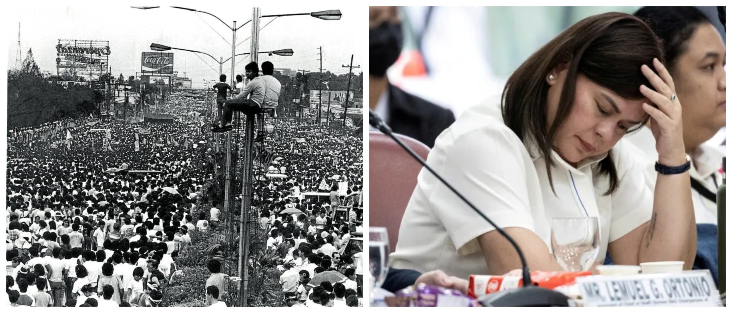 Banner collage photo of the 1986 People Power Revolution in EDSA and Vice President Sara Duterte facing the House of Representatives Quad-Committee
