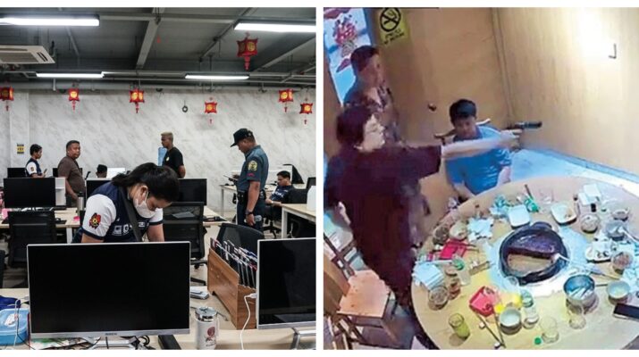 Banner collage photo of a POGO in Las Piñas City and CCTV footage of Chinese national killing another Chinese in Makati City.