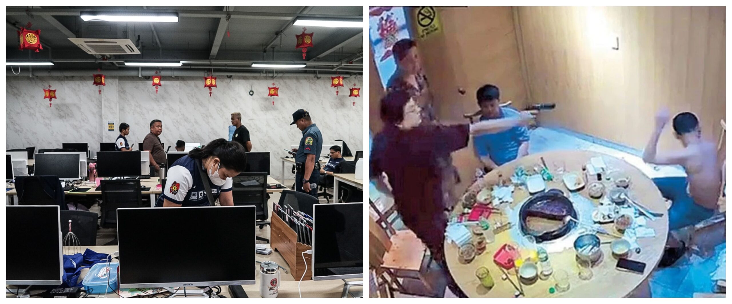 Banner collage photo of a POGO in Las Piñas City and CCTV footage of Chinese national killing another Chinese in Makati City.