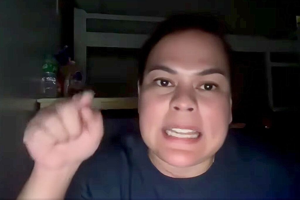 A screengrab of Vice President Sara Duterte's infamous outburst where she made threats to the lives of President Marcos, the First Lady and House Speaker Martin Romualdez.