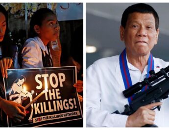 Banner collage photo of protesters at a candlelight vigil for victims of extrajudicial killings and former president Rodrigo Duterte.