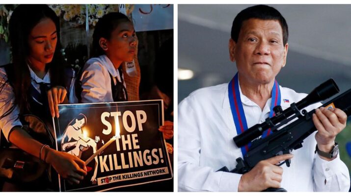 Banner collage photo of protesters at a candlelight vigil for victims of extrajudicial killings and former president Rodrigo Duterte.