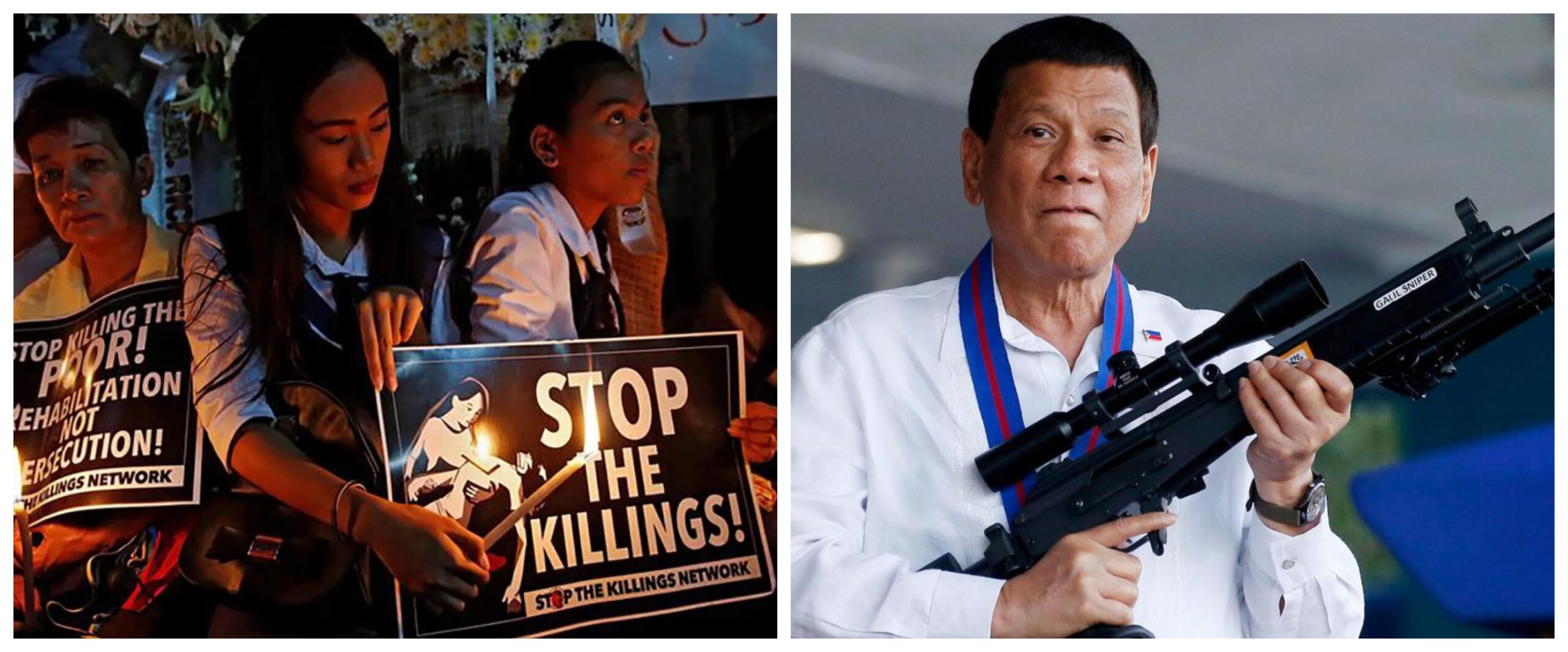 Banner collage photo of protesters at a candlelight vigil for victims of extrajudicial killings and former president Rodrigo Duterte.