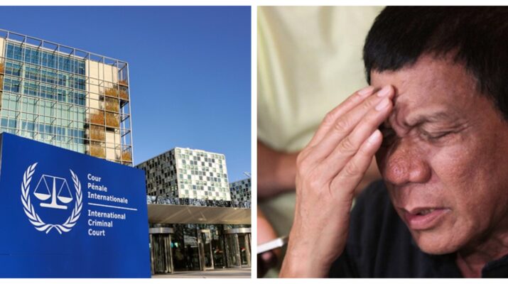 Banner collage photo of the International Criminal Court in The Hague Netherlands and a photo of former president Rodrigo Duterte