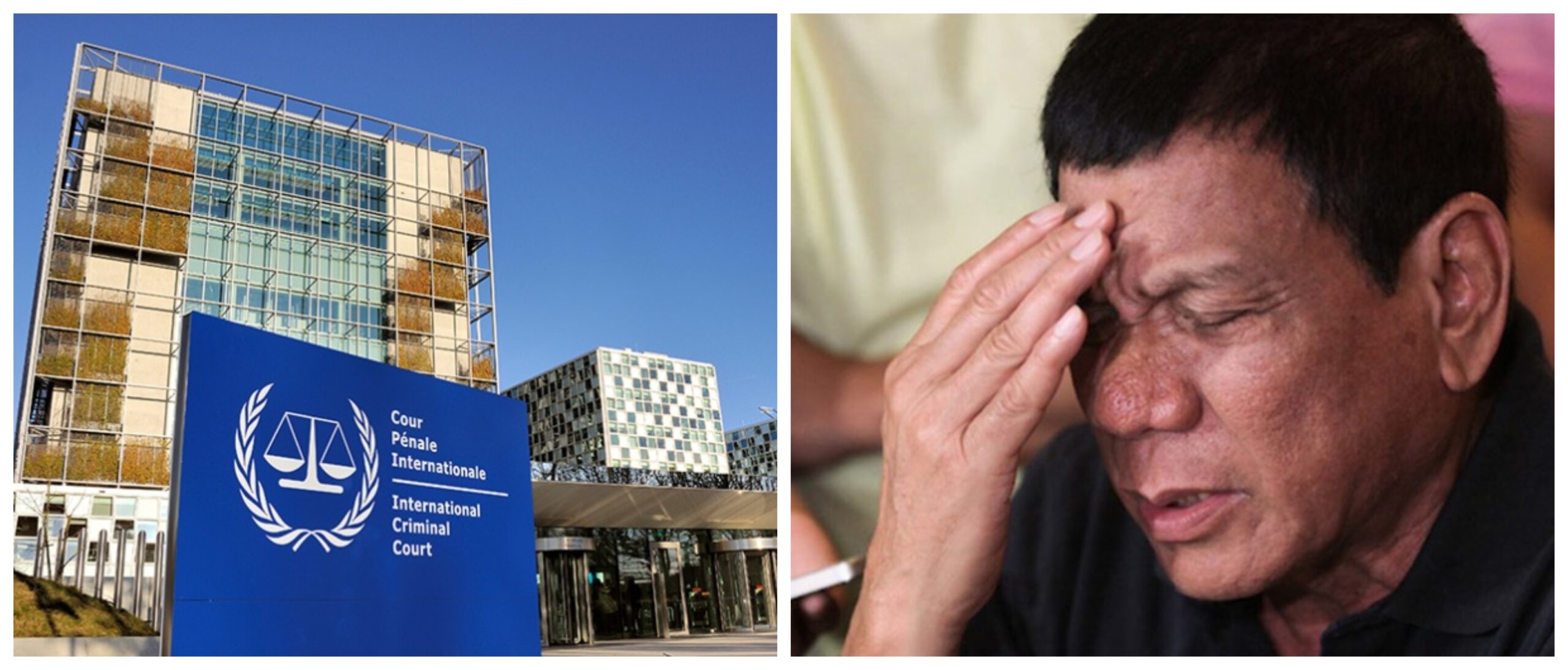 Banner collage photo of the International Criminal Court in The Hague Netherlands and a photo of former president Rodrigo Duterte