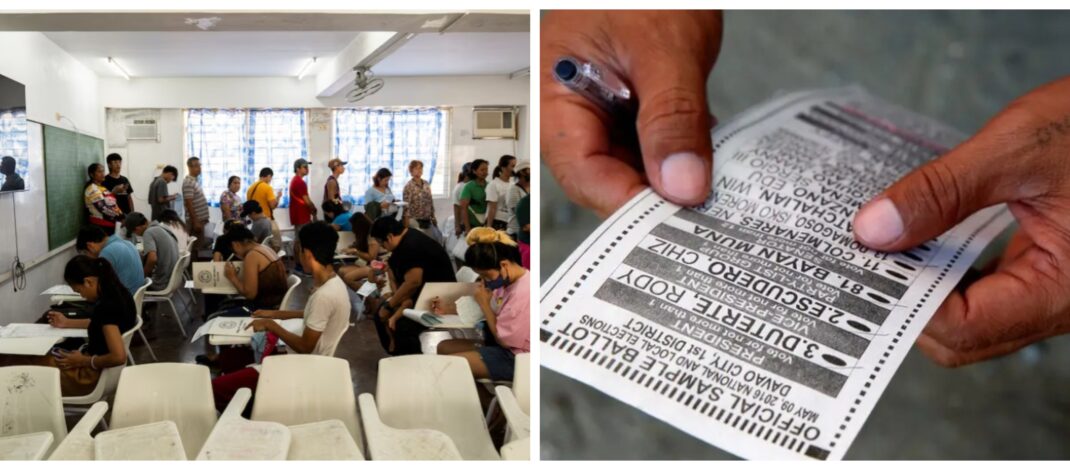 Banner collage photo of voting in the Philippine election Lisa Marie David REUTERS photo and a stock image of a Philippine election ballot