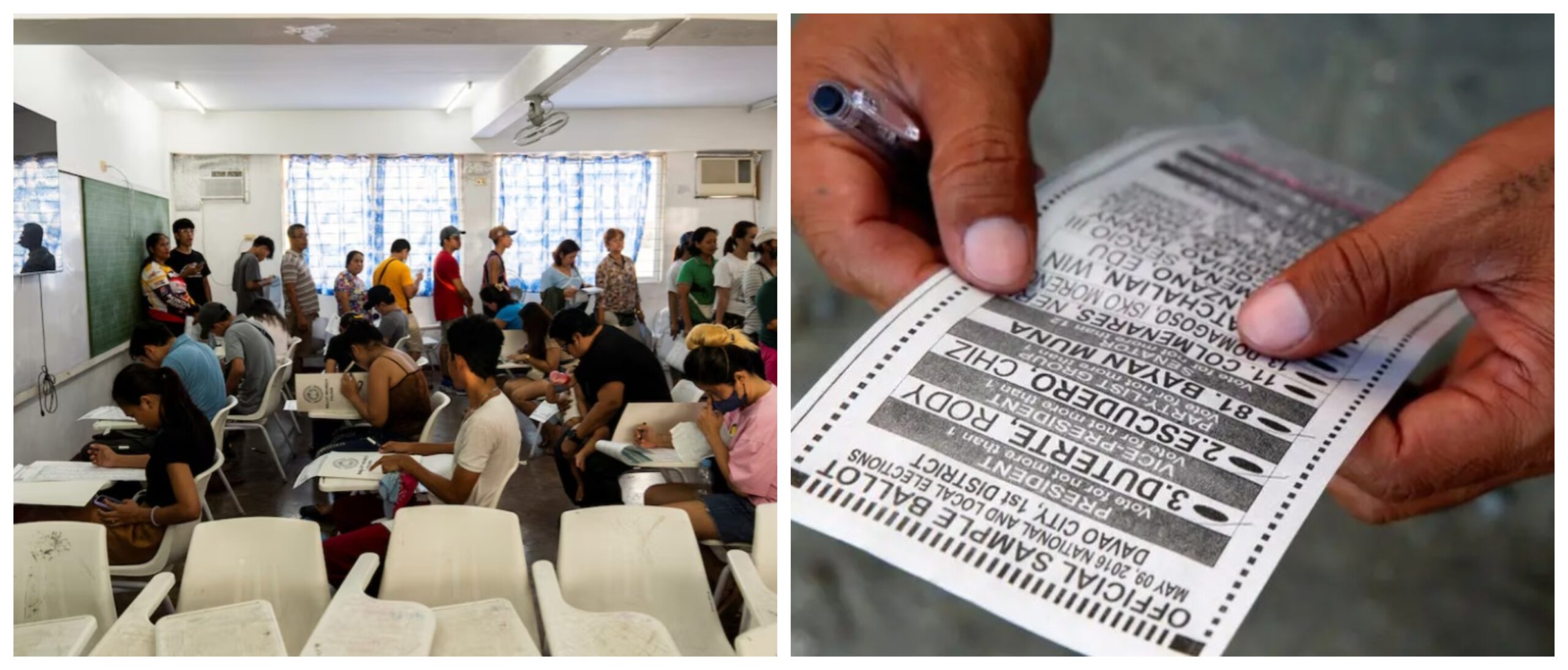 Banner collage photo of voting in the Philippine election Lisa Marie David REUTERS photo and a stock image of a Philippine election ballot