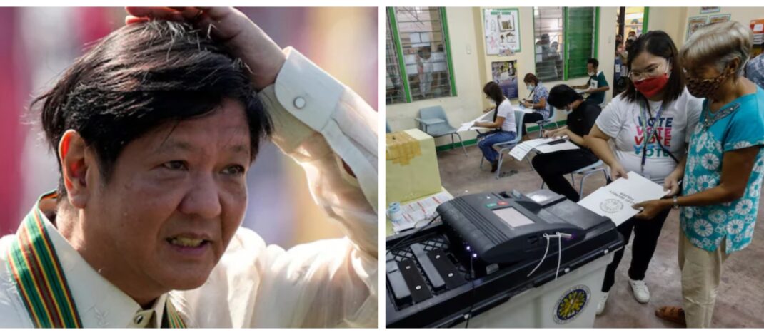 Banner collage photo of President Bongbong Marcos and a stock image of Halalan2025 automated counting machine voting precinct