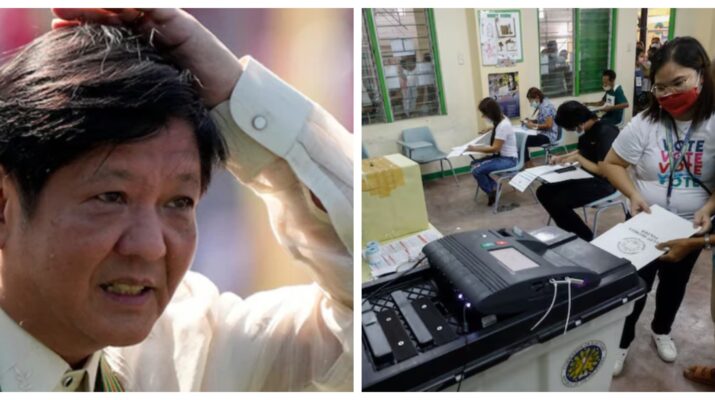 Banner collage photo of President Bongbong Marcos and a stock image of Halalan2025 automated counting machine voting precinct