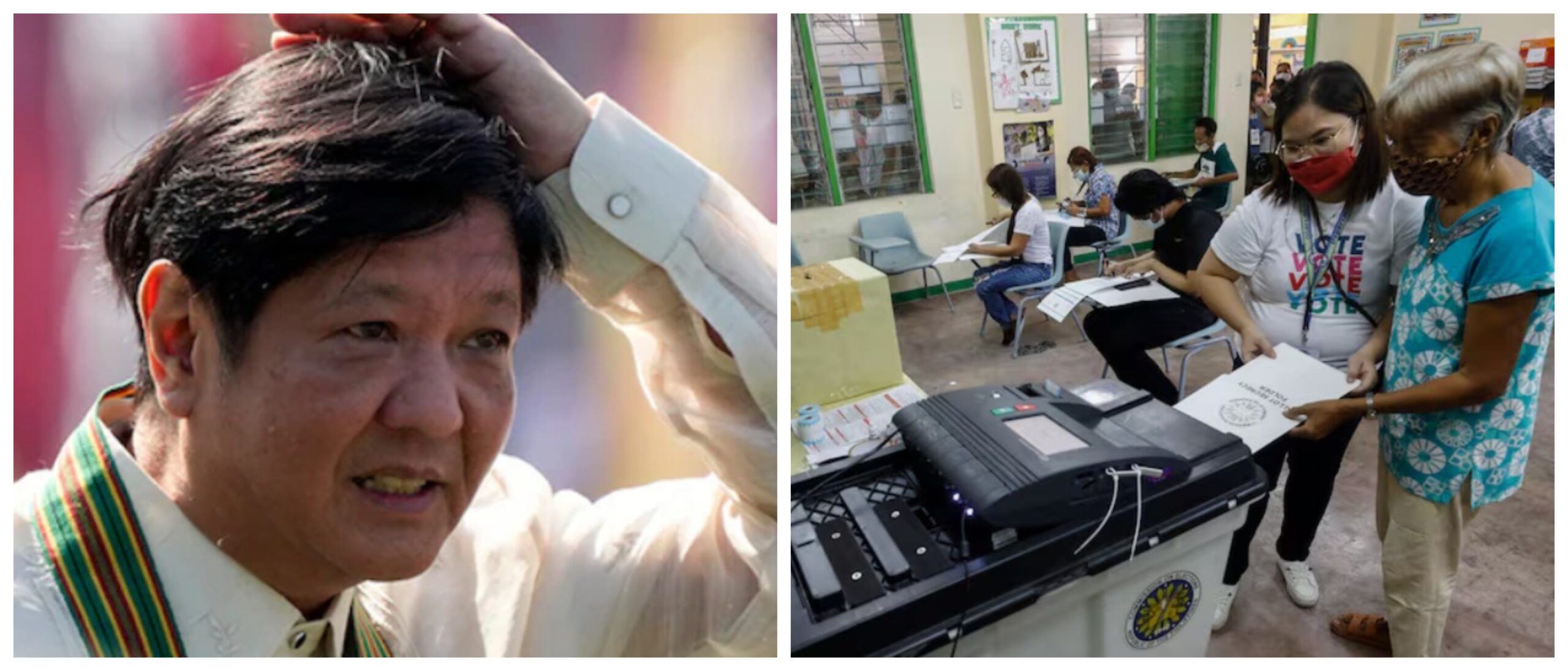 Banner collage photo of President Bongbong Marcos and a stock image of Halalan2025 automated counting machine voting precinct