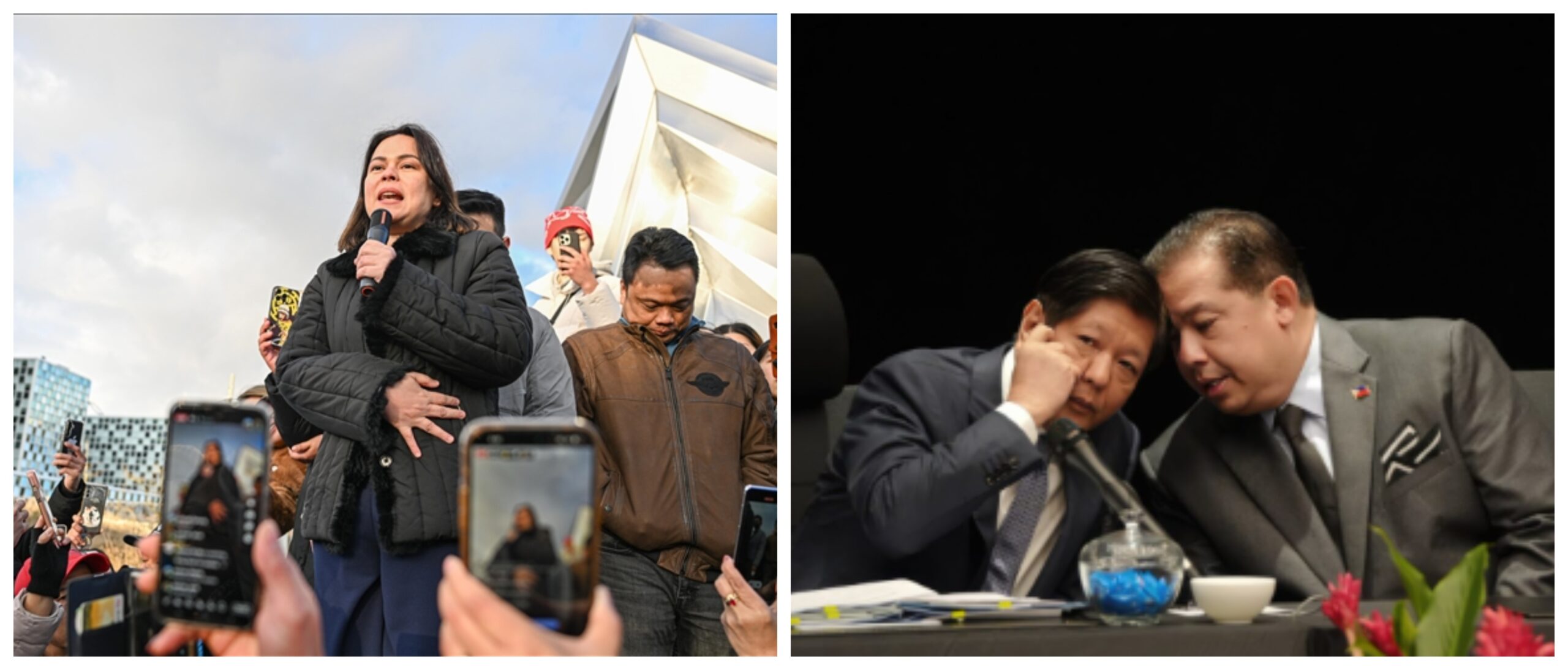 Banner collage photo of Vice President Sara Duterte speaking to supporters at The Hague, Netherlands and a photo of President Bongbong Marcos Jr. and House Speaker Martin Romualdez Jr.