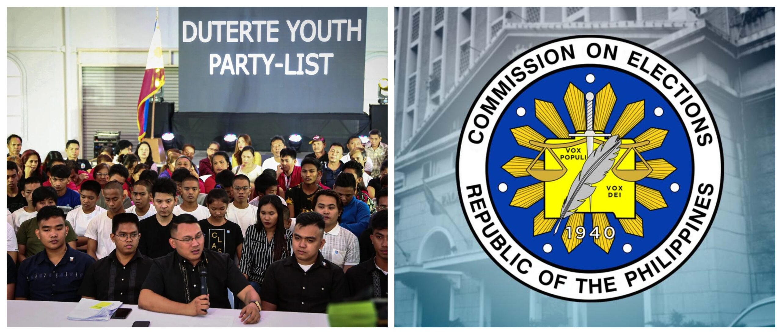 Banner collage photo of the Duterte Youth party-list and the logo of the COMELEC Commission on Elections Philippines